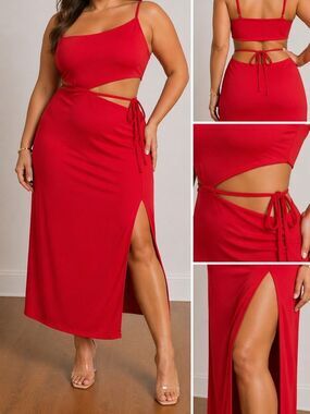 Lulus Hot Take Red Asymmetrical Cutout Midi Dress XL Side Tie Slit